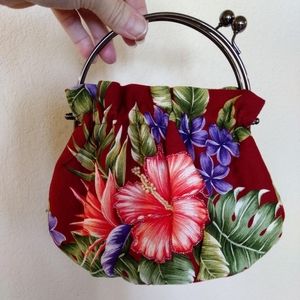 Cute tropical style evening bag,  red floral.